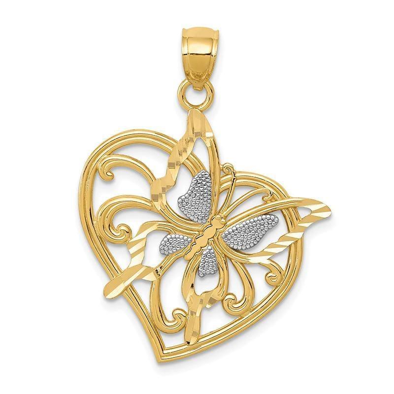 14K & Rhodium Diamond-cut Polished Butterfly Heart Pendant - Seattle Gold Grillz
