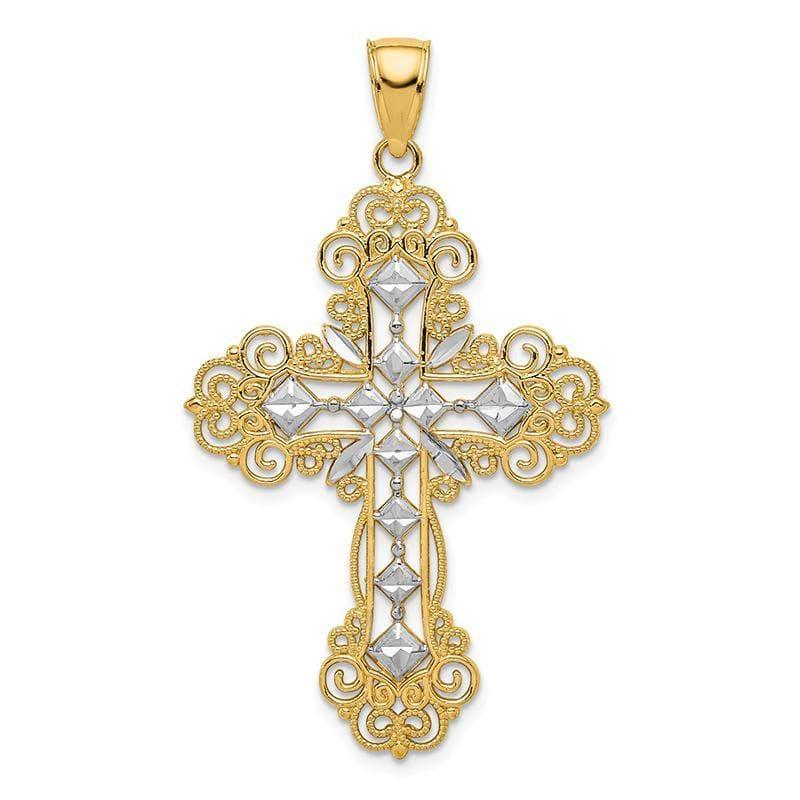 14K & Rhodium Polished & Textured Diamond Pattern Cross Pendant - Seattle Gold Grillz