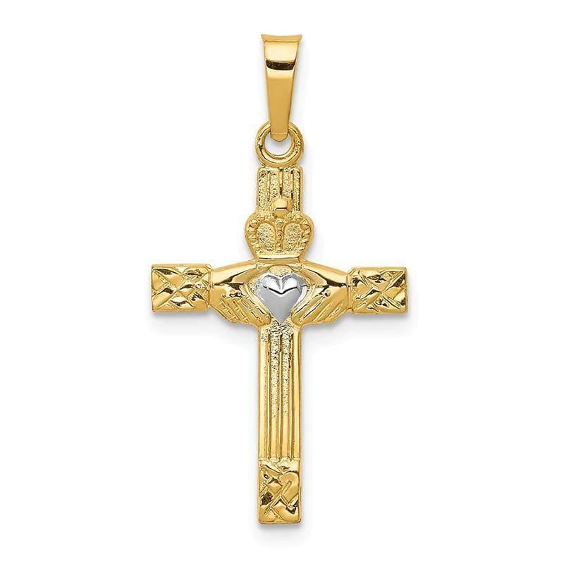 14k and Rhodium Polished Claddagh Cross Pendant - Seattle Gold Grillz