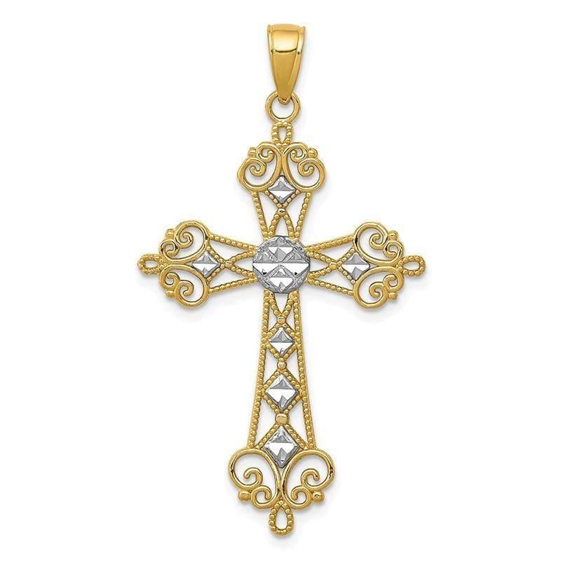 14K & Rhodium Polished Diamond-cut Cut-out Cross Pendant - Seattle Gold Grillz