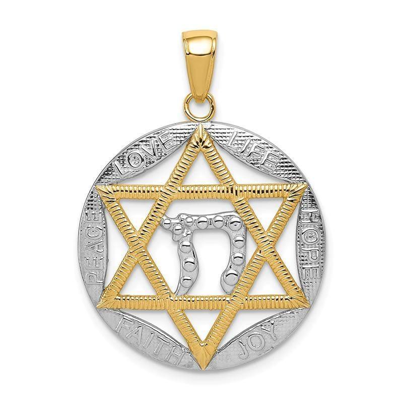 14K & Rhodium Polished Jewish Star with Chai in Round Pendant - Seattle Gold Grillz