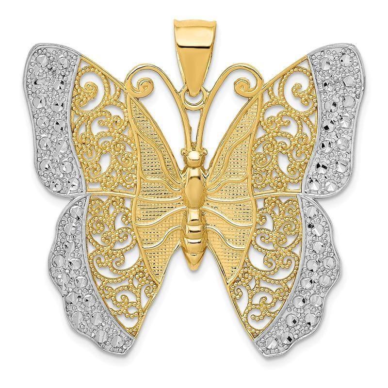 14k & Rhodium Solid Polished Diamond-cut Filigree Butterfly Pendant - Seattle Gold Grillz