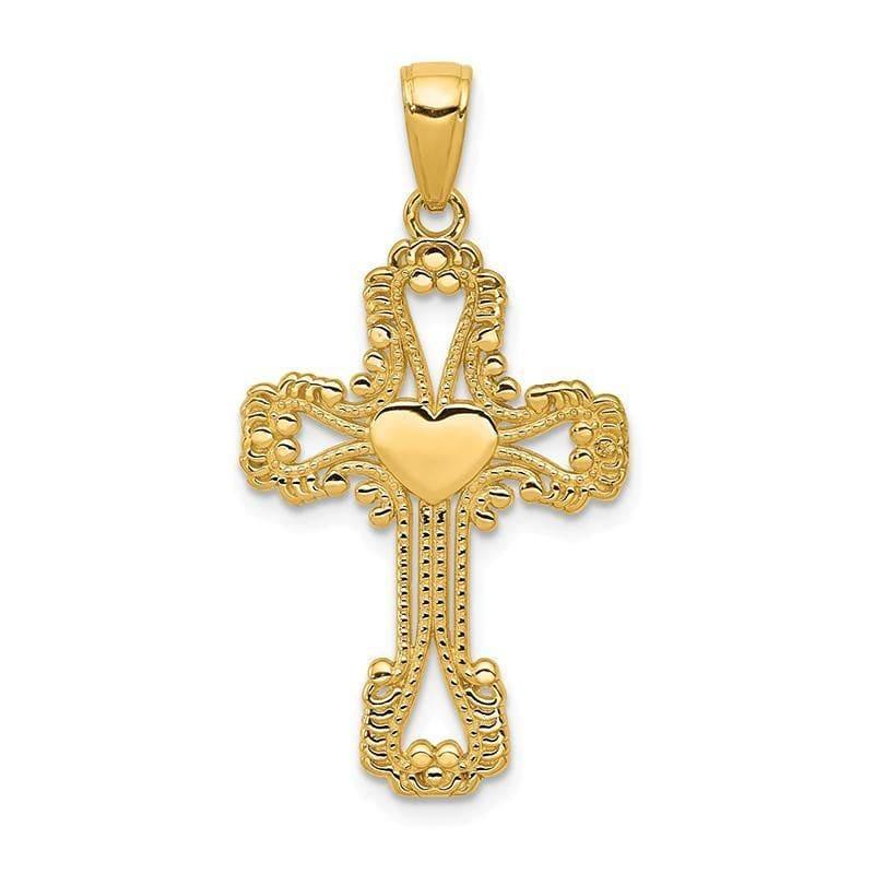 14K Beaded Cross with Heart Pendant. Weight: 1.54, Length: 32, Width: 18 - Seattle Gold Grillz