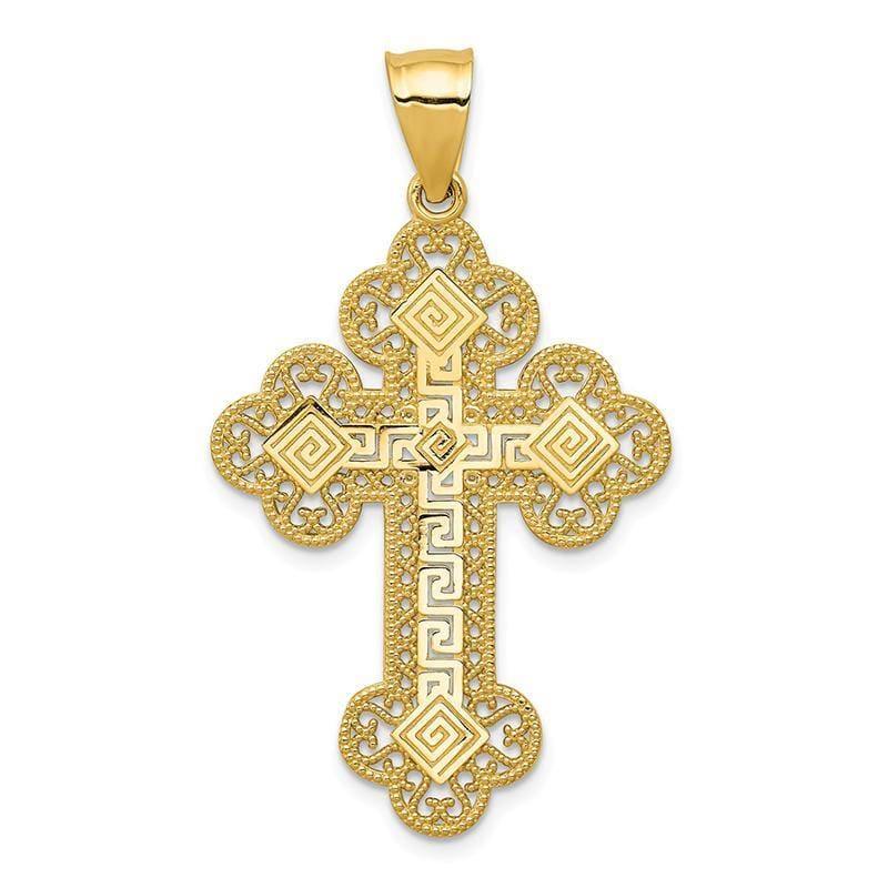 14k Budded Greek Key Cross Pendant. Weight: 3.36, Length: 44, Width: 25 - Seattle Gold Grillz