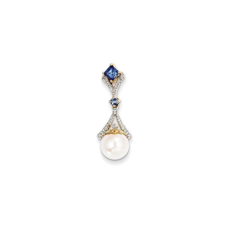 14k Diamond 8-9mm Round FW Cultured Pearl Created Sapphire Pendant - Seattle Gold Grillz