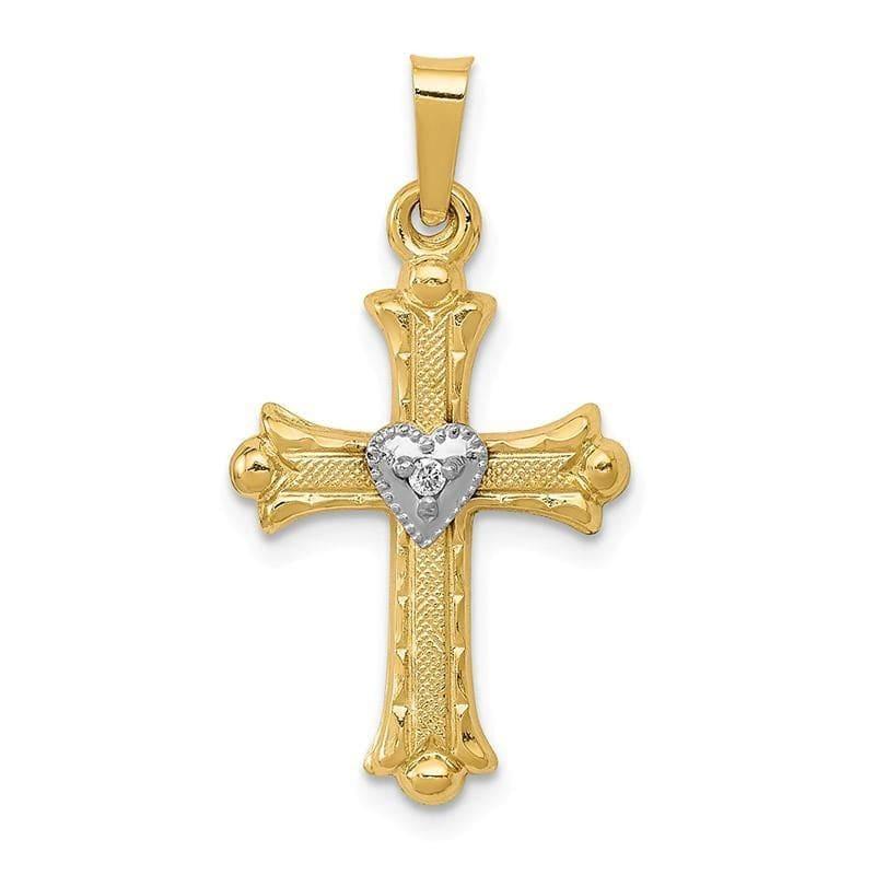 14K Diamond, Textured, Brushed & Polished Fleur de lis Cross Pendant - Seattle Gold Grillz
