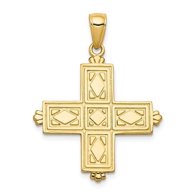 14K Etched Square Cross w-Crown Tips Pendant. Weight: 2.56, Length: 31, Width: 23 - Seattle Gold Grillz
