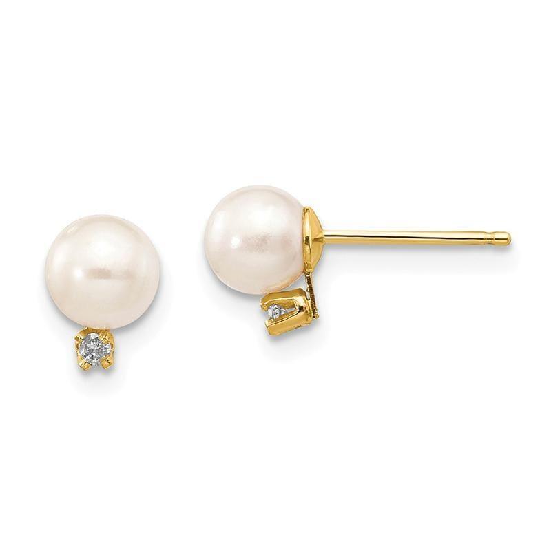 14k Gold Diamond 5-6mm Round White FW Cultured Pearl Studs - Seattle Gold Grillz