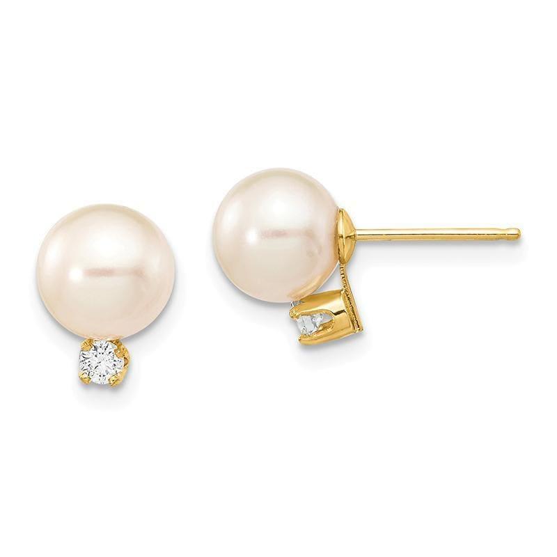 14k Gold Diamond 7-8mm Round White FW Cultured Pearl Studs - Seattle Gold Grillz
