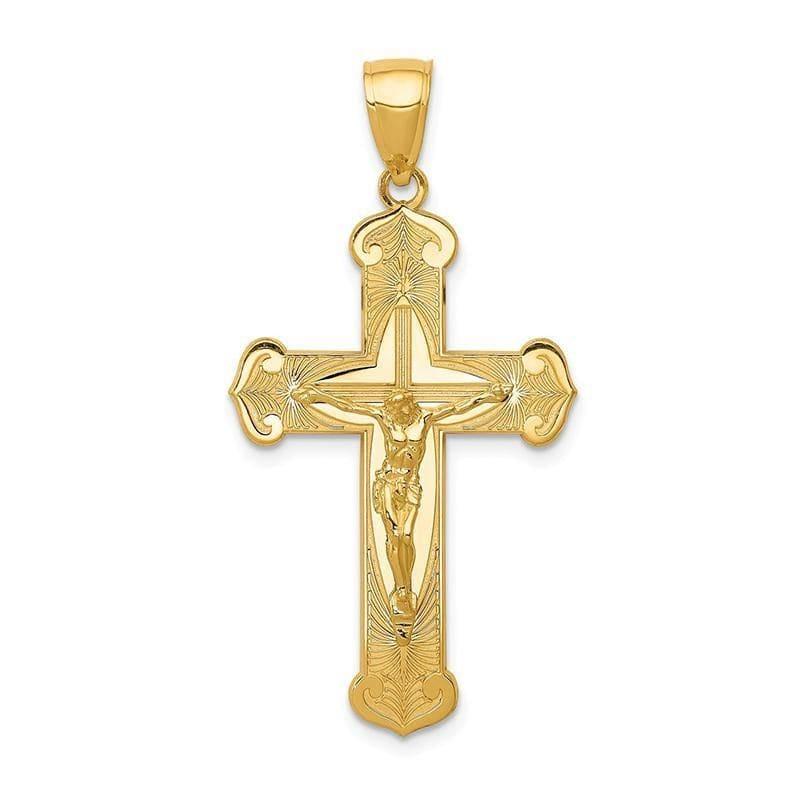 14K Gold Polished 2-D Crucifix with Jesus on Engraved Cross Pendant - Seattle Gold Grillz