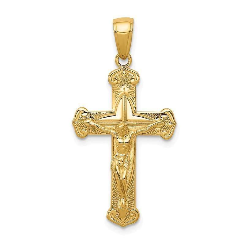 14K Gold Polished & Textured Crucifix w-Jesus on Engraved Cross Pendant - Seattle Gold Grillz