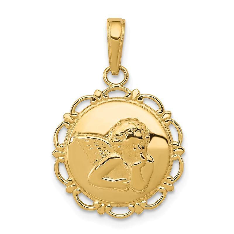 14K Gold Polished Angel-Cherub on Round Scallop Frame Pendant - Seattle Gold Grillz