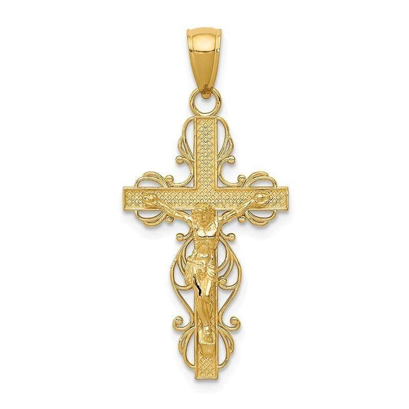 14K Gold Polished Crucifix w-lace Trim Pendant - Seattle Gold Grillz