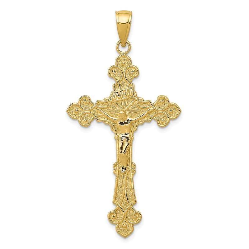 14K Gold Polished Textured INRI Crucifix Fleur de Lis Pendant - Seattle Gold Grillz