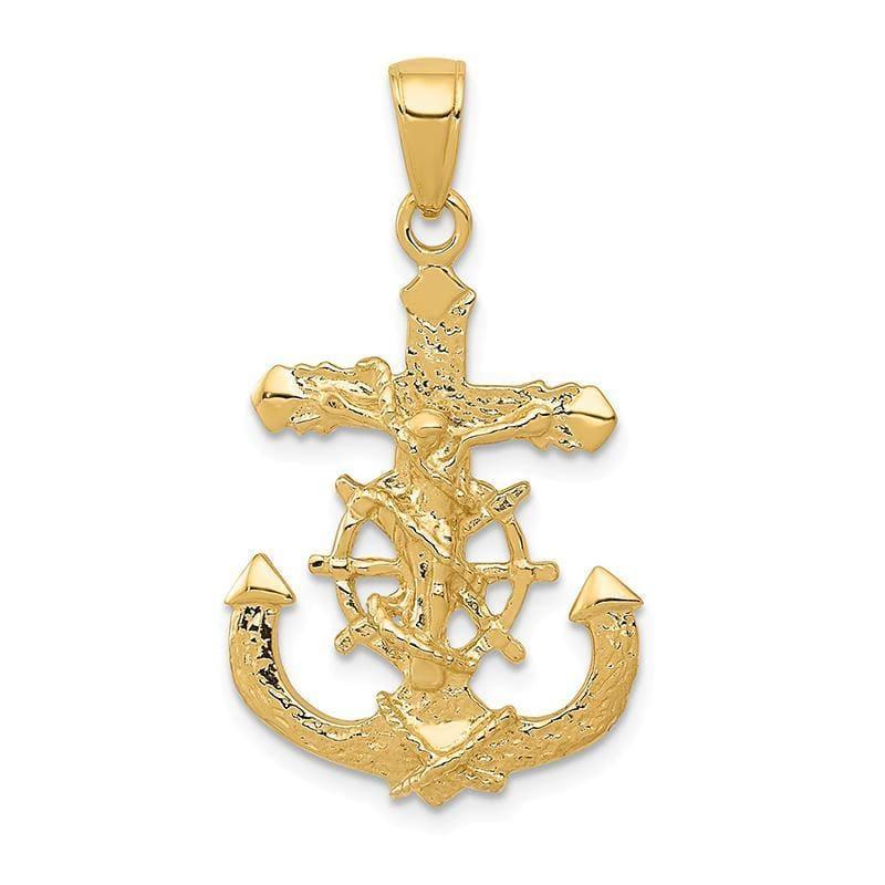 14K Polished & Textured 2-D Mariners Crucifix Rope-Wheel Pendant - Seattle Gold Grillz