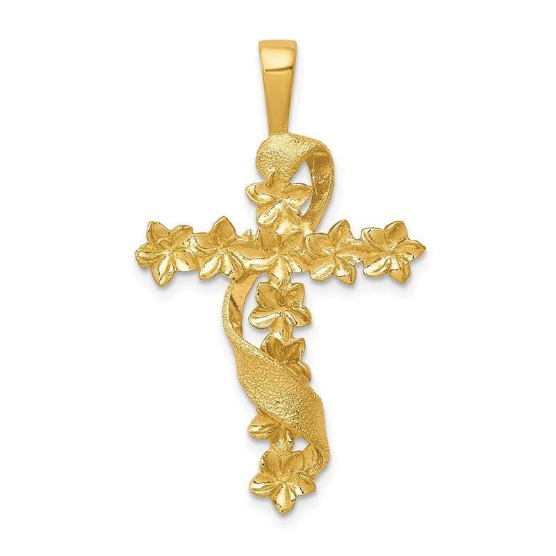 14k Polished and Textured Flower Cross w-Ribbon Pendant - Seattle Gold Grillz