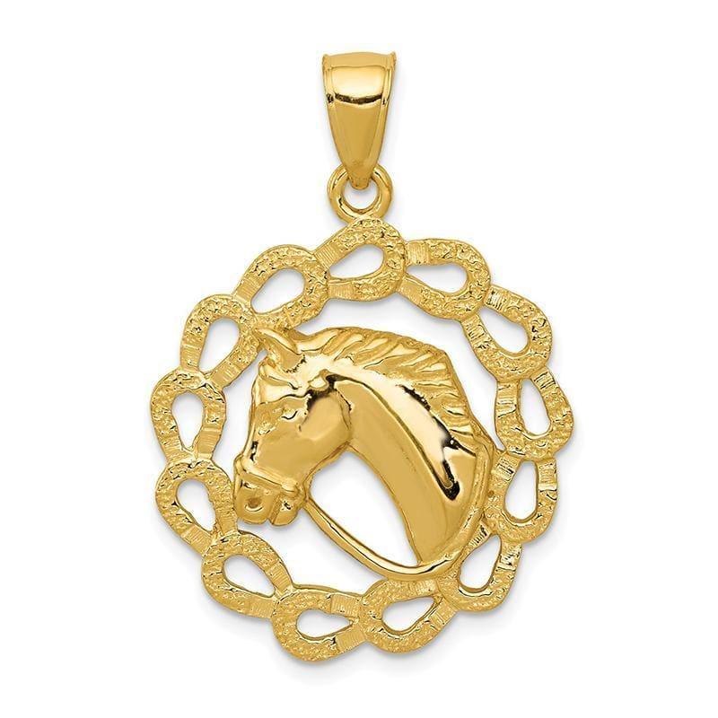 14k Solid Polished Horse Head in Horseshoes Pendant - Seattle Gold Grillz