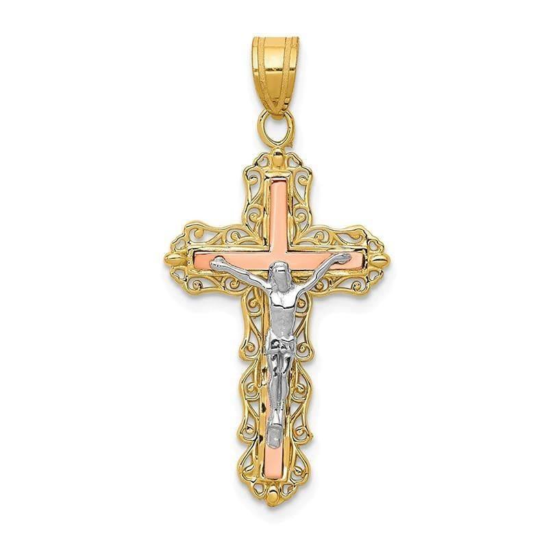 14K Tri-color Diamond-cut Crucifix Pendant. Weight: 1.6, Length: 35, Width: 16 - Seattle Gold Grillz