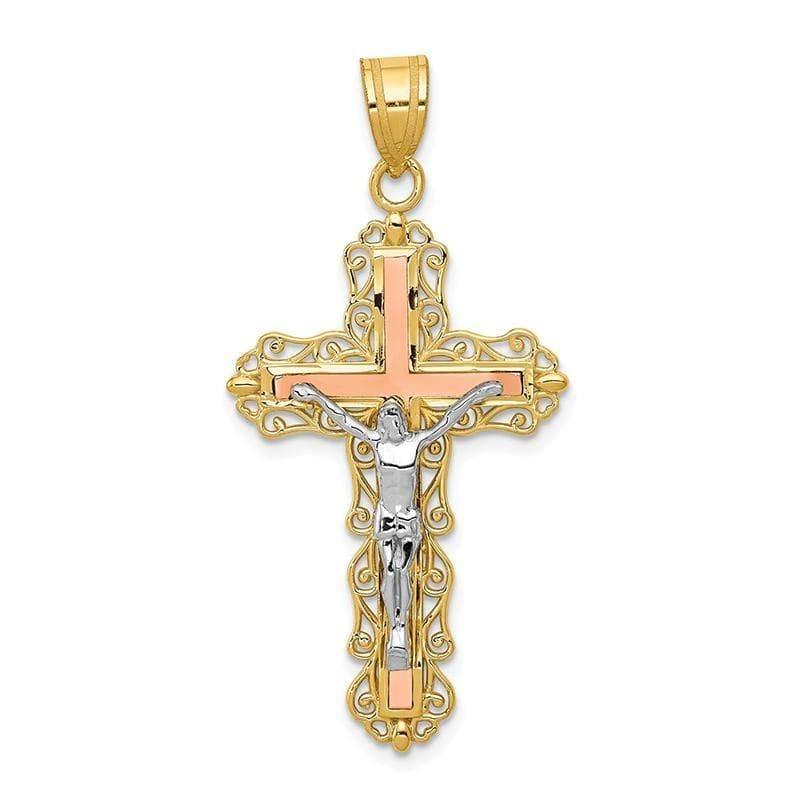 14K Tri-color Diamond-cut Crucifix Pendant. Weight: 2.35, Length: 43, Width: 21 - Seattle Gold Grillz