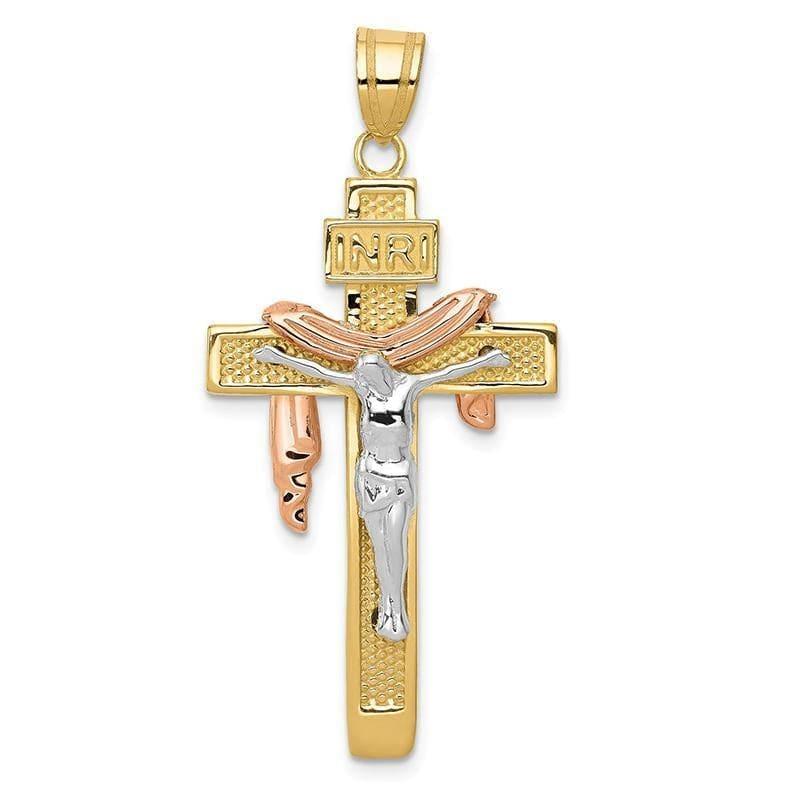 14K Tri-color Diamond-cut Large Draped INRI Crucifix Pendant. Weight: 4.08, Length: 32, Width: 15 - Seattle Gold Grillz