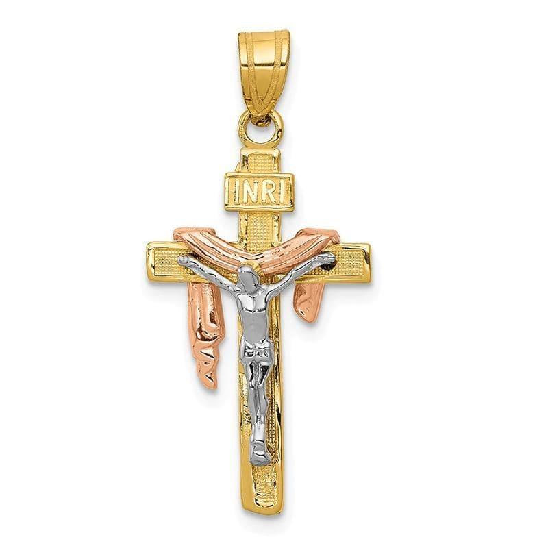 14K Tri-color Diamond-cut Small Draped INRI Crucifix Pendant. Weight: 1.63, Length: 39, Width: 18 - Seattle Gold Grillz