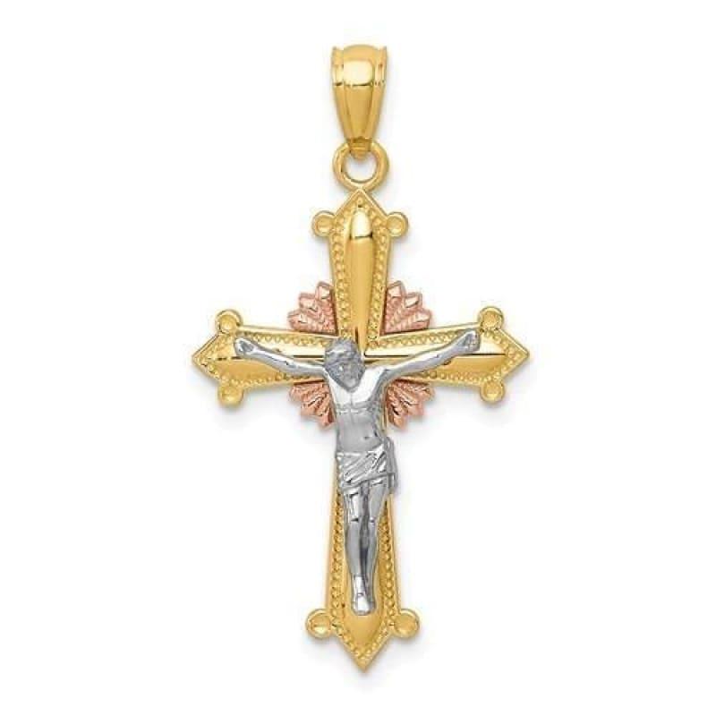 14k Tri Gold Polished Crucifix Pendant - Seattle Gold Grillz