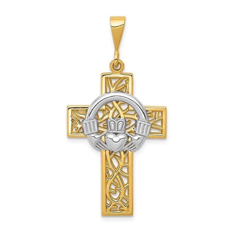 14k Two-tone Claddagh Cross Pendant. Weight: 3.23, Length: 41, Width: 20 - Seattle Gold Grillz