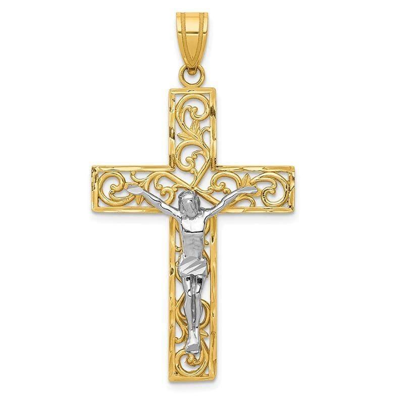 14K Two-tone D-C Large Block Filigree Cross w-Crucifix Pendant. Weight: 2.48, Length: 46, Width: 25 - Seattle Gold Grillz