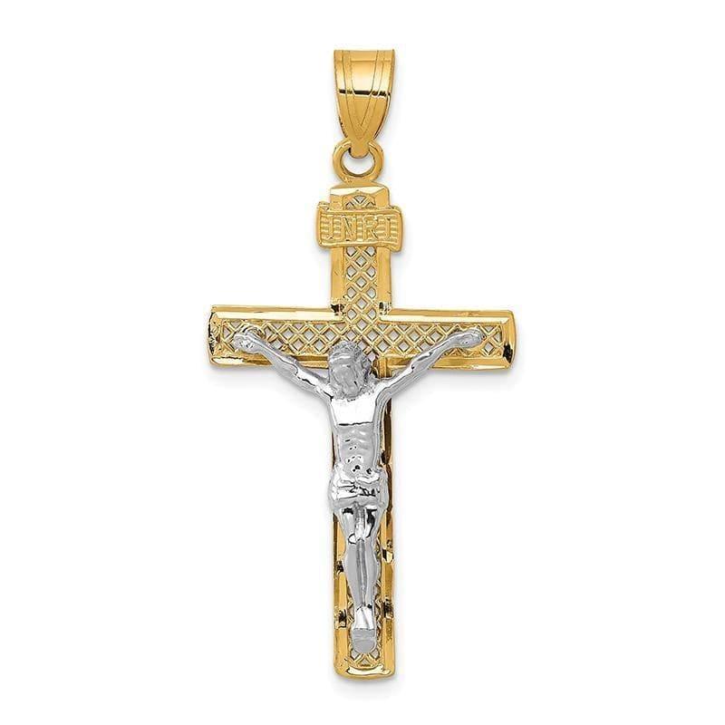 14K Two-tone D-C Large Block Lattice Cross w-Crucifix Pendant. Weight: 1.81, Length: 42, Width: 21 - Seattle Gold Grillz