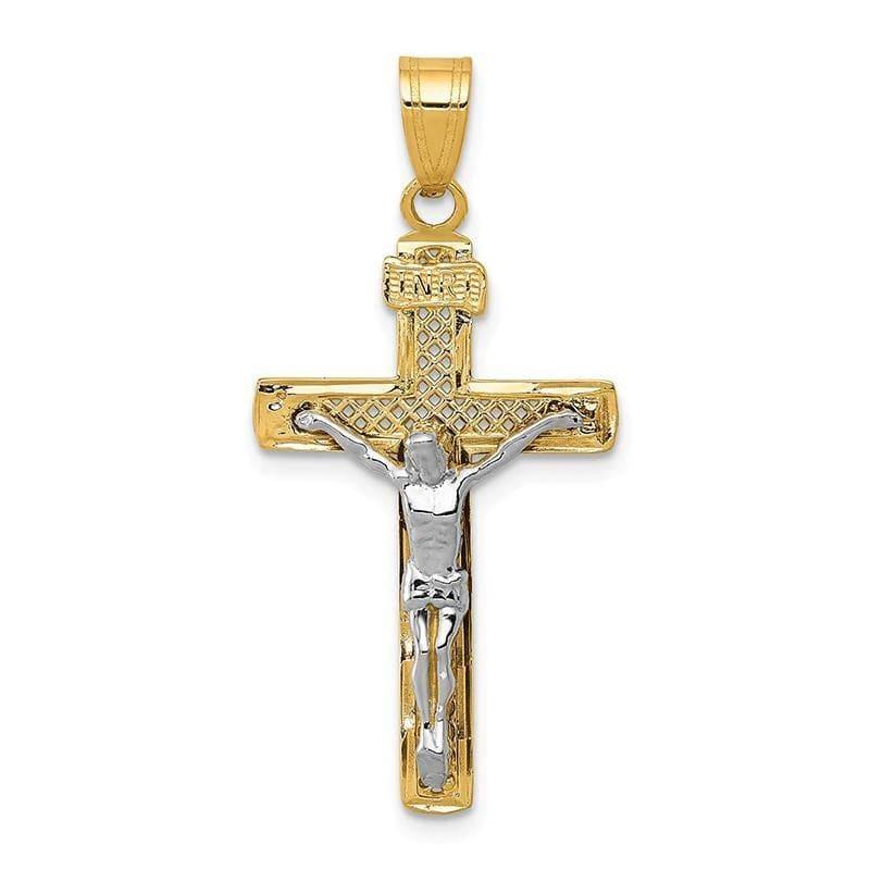 14K Two-tone D-C Medium Block Lattice Cross w-Crucifix Pendant. Weight: 1.09, Length: 33, Width: 16 - Seattle Gold Grillz