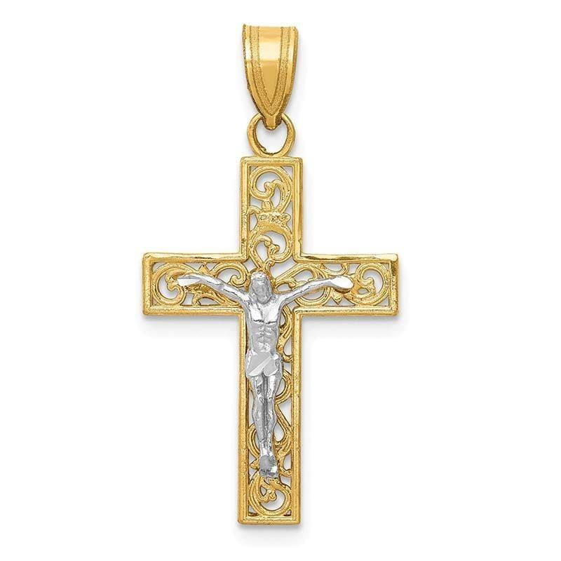 14K Two-tone D-C Small Block Filigree Cross w-Crucifix Pendant. Weight: 1.25, Length: 31, Width: 16 - Seattle Gold Grillz