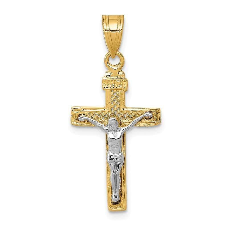 14K Two-tone D-C Small Block Lattice Cross w-Crucifix Pendant. Weight: 0.75, Length: 28, Width: 13 - Seattle Gold Grillz