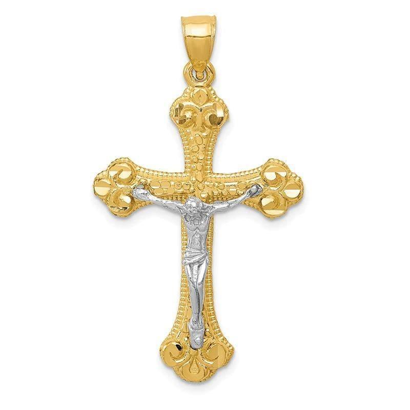 14k Two-tone Diamond-cut Budded Crucifix Pendant - Seattle Gold Grillz