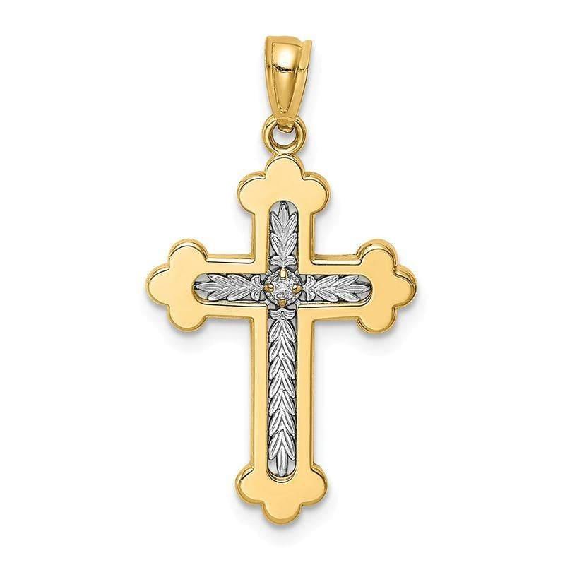 14k Two Tone Gold Polished Budded Cross w-.015 Diamond Pendant - Seattle Gold Grillz