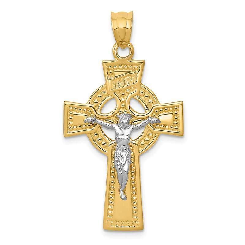 14k Two-tone INRI Celtic Crucifix Pendant. Weight: 2.76, Length: 37, Width: 21 - Seattle Gold Grillz