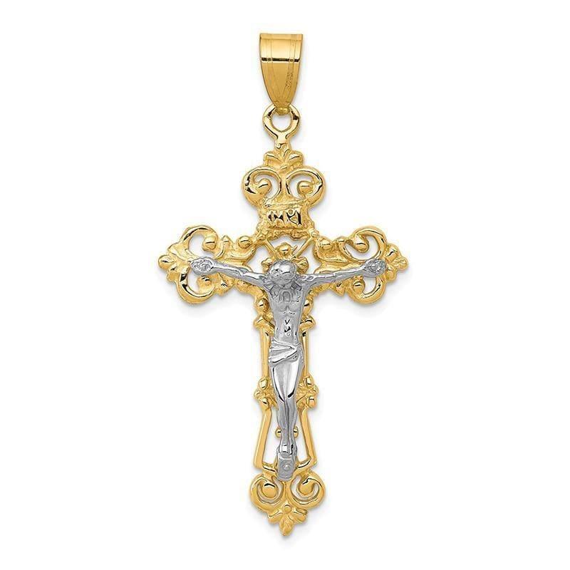 14k Two-tone INRI Fleur De Lis Crucifix Pendant. Weight: 3.2, Length: 47, Width: 23 - Seattle Gold Grillz