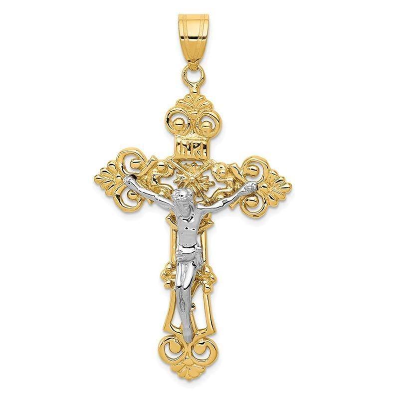 14k Two-tone INRI Fleur De Lis Crucifix Pendant. Weight: 5.55, Length: 57, Width: 31 - Seattle Gold Grillz