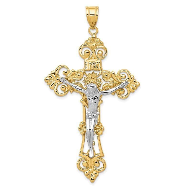 14k Two-tone INRI Fleur De Lis Crucifix Pendant. Weight: 7.69, Length: 68, Width: 36 - Seattle Gold Grillz