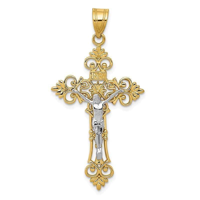 14K Two-tone Large Lacey-edged INRI Crucifix Pendant. Weight: 2.61, Length: 43, Width: 22 - Seattle Gold Grillz