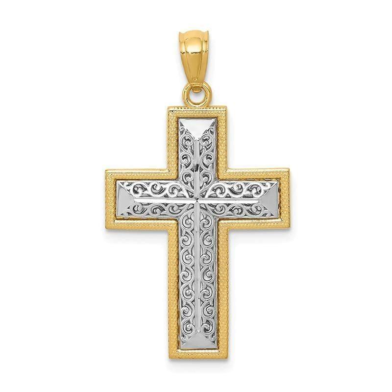 14k Two-tone Polished Filigree Cross Pendant - Seattle Gold Grillz