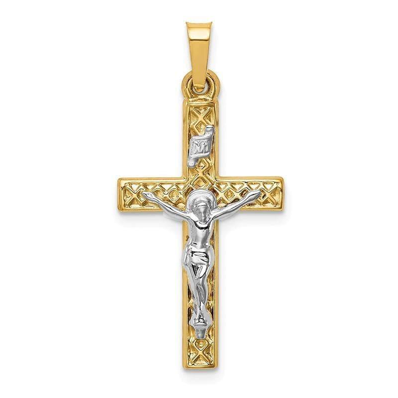 14k Two-tone Polished Lattice Textured INRI Crucifix Pendant - Seattle Gold Grillz