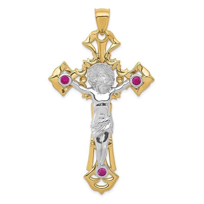 14k Two-tone Polished with Red CZs Crucifix Pendant. Weight: 12.24, Length: 69, Width: 37 - Seattle Gold Grillz