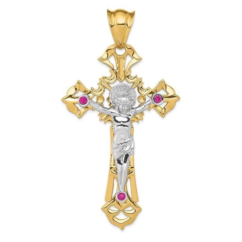 14k Two-tone Polished with Red CZs Crucifix Pendant. Weight: 20.58, Length: 88, Width: 48 - Seattle Gold Grillz