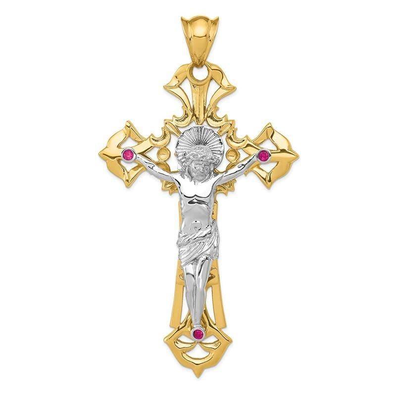 14k Two-tone Polished with Red CZs Crucifix Pendant. Weight: 34.42, Length: 107, Width: 60 - Seattle Gold Grillz