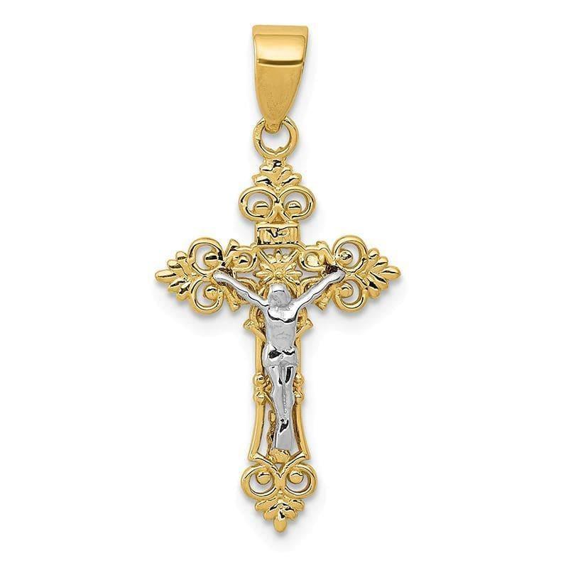 14K Two-tone Small Lacey-edged INRI Crucifix Pendant. Weight: 1.12, Length: 29, Width: 14 - Seattle Gold Grillz