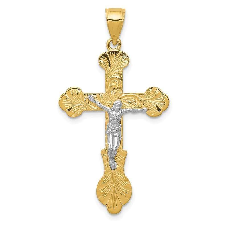 14k Two-tone Swirl Design Budded Crucifix Pendant - Seattle Gold Grillz