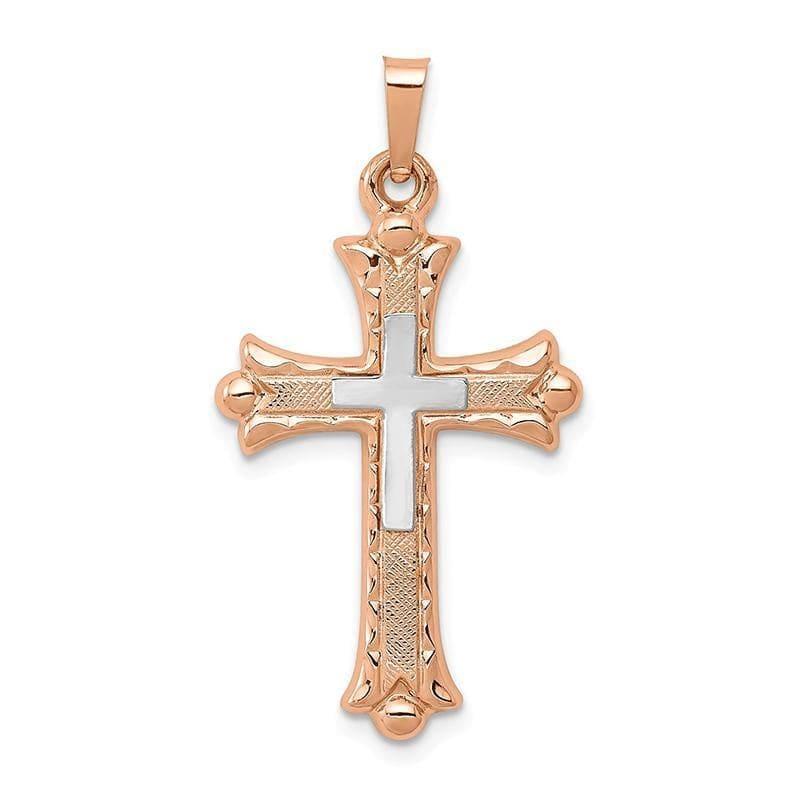 14K Two-tone Textured, Brushed & Polished Budded Cross Pendant - Seattle Gold Grillz