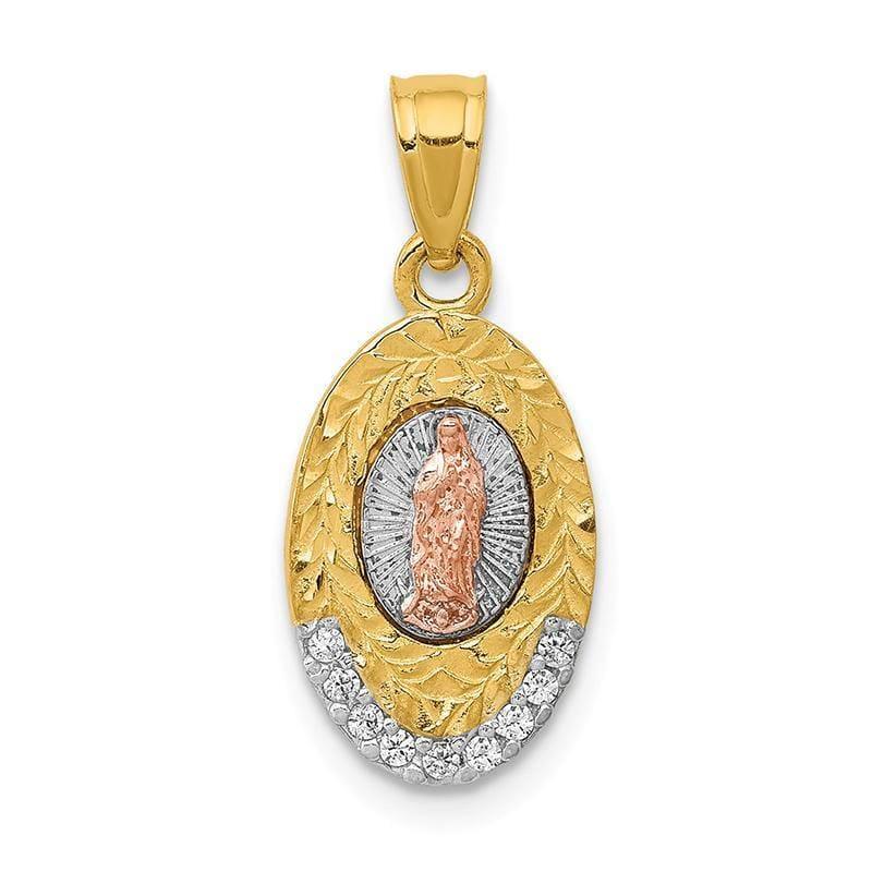 14k Two-tone w-White Rhodium CZ Lady of Guadalupe Oval Pendant - Seattle Gold Grillz