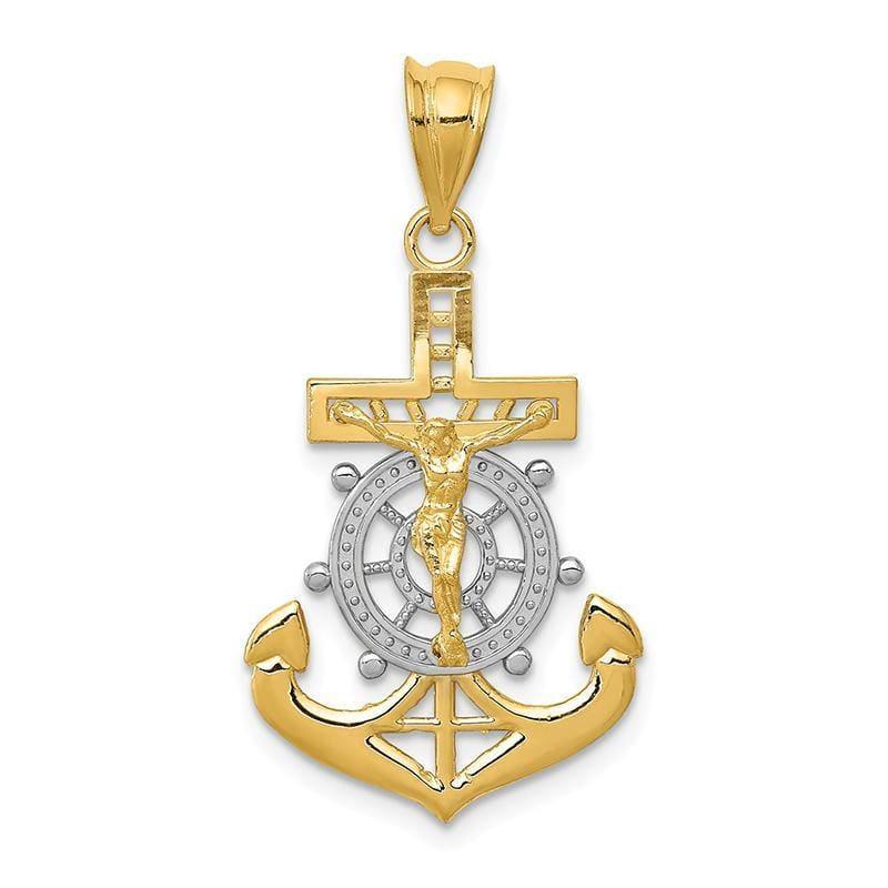 14k w-Rhodium Diamond-cut Mariners Cross Pendant - Seattle Gold Grillz