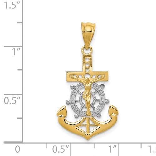 14k w-Rhodium Diamond-cut Mariners Cross Pendant - Seattle Gold Grillz